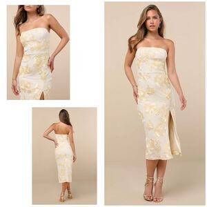 Lulus Kattalin Dress Women's L Cream Midi Floral Appliqué Strapless NWT